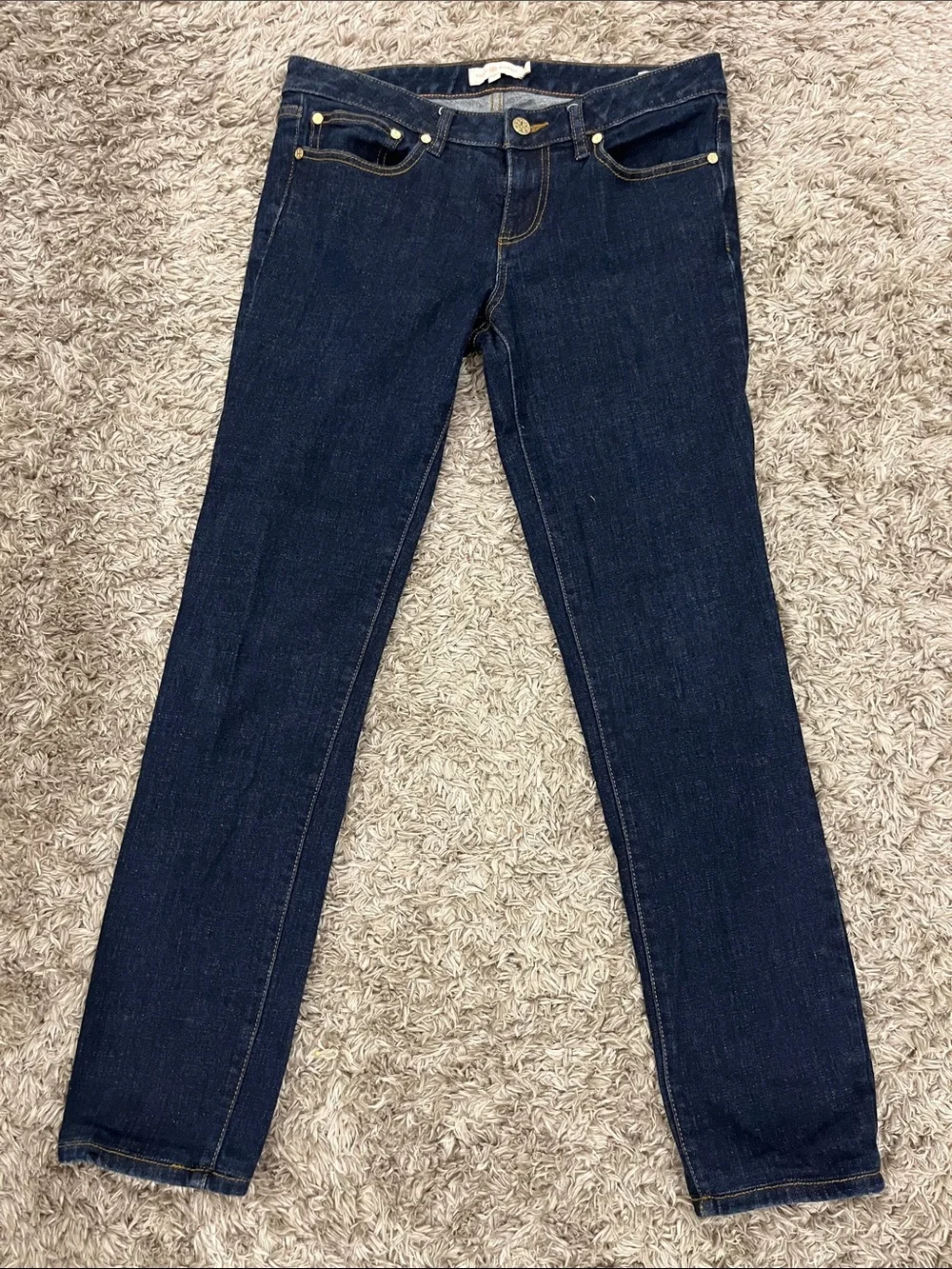 Tory Burch Dark Indigo Skinny Jeans with Gold-Tone Hardware